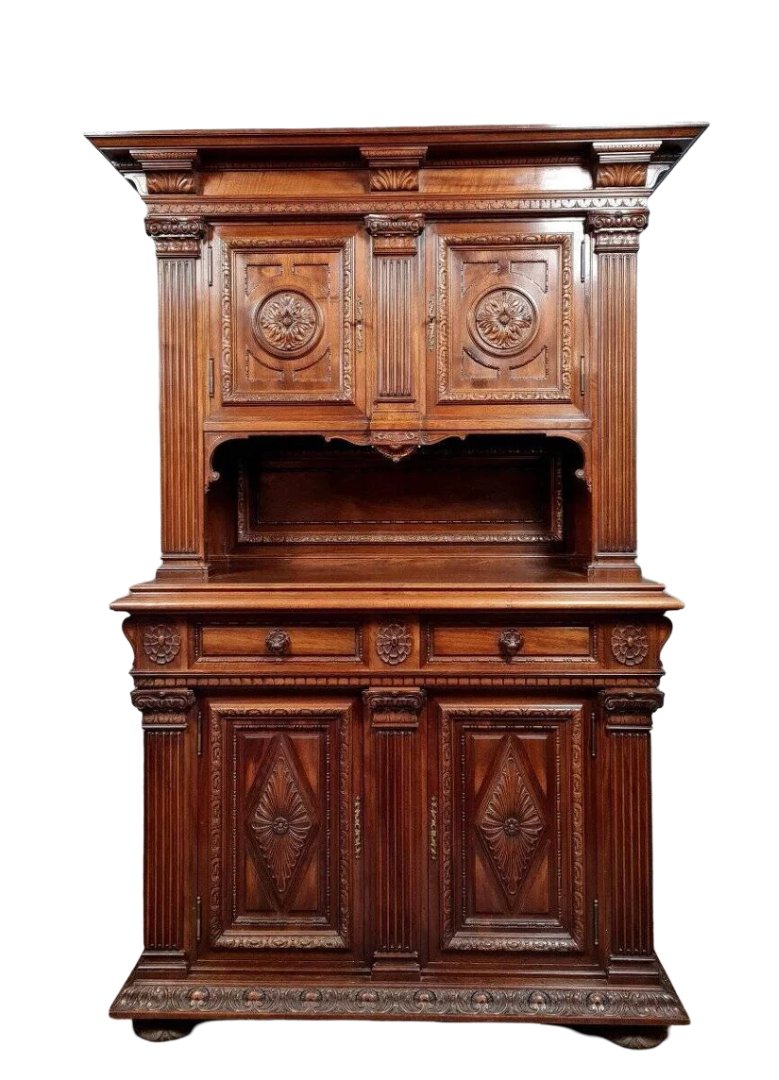 Buffet deux corps style renaissance en noyer massif -photo-4