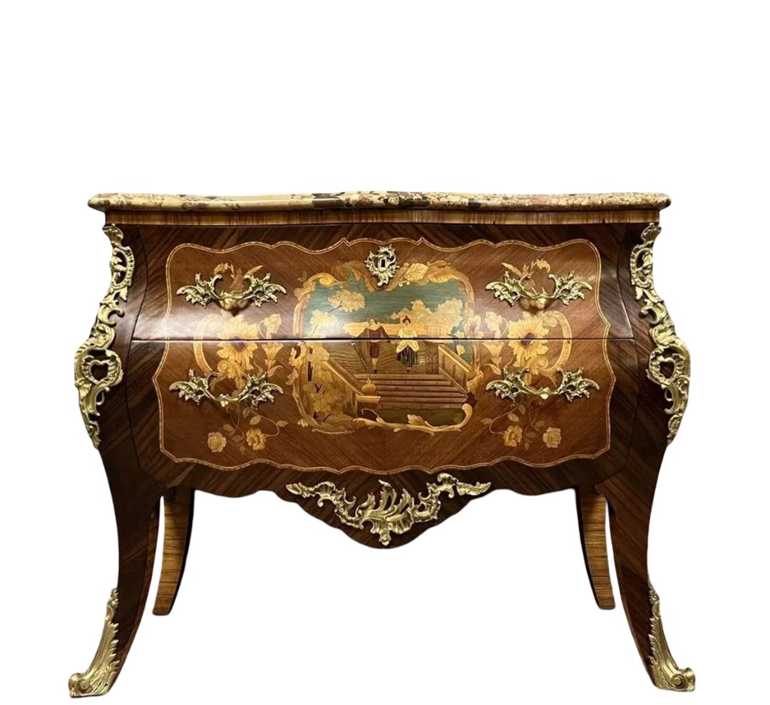 Louis XV Style Curved Chest Of Drawers Stamped In Marquetry-photo-3