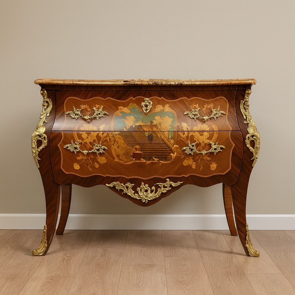 Commode sauteuse galbée style Louis XV estampillée en marqueterie