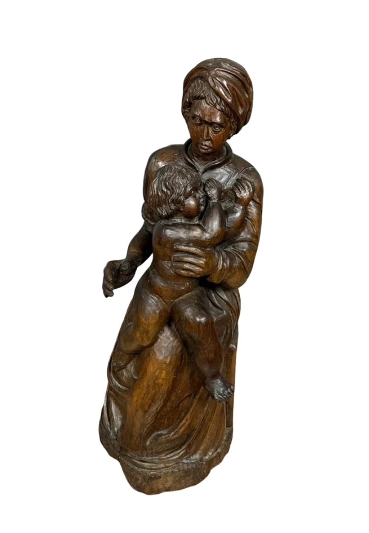 French School Of The 17th Century: Very Large Sculpture Depicting A Maternity / Height 120cm  -photo-2