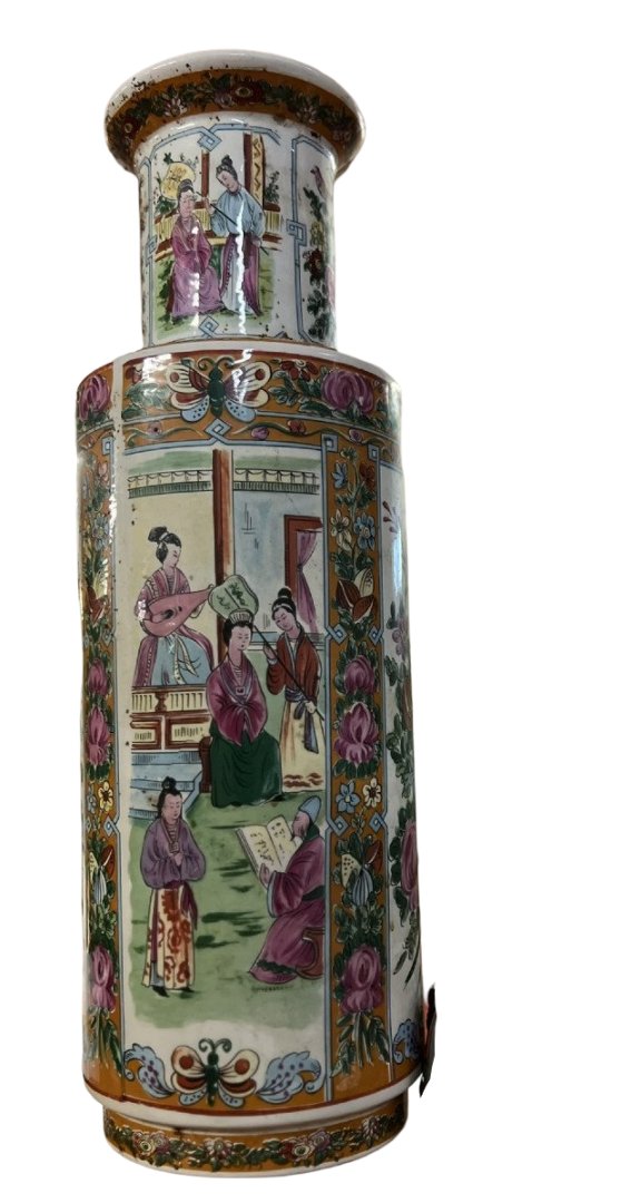 Vase Chinois forme rouleau, Style Famille Rose, en porcelaine Peint main -photo-6
