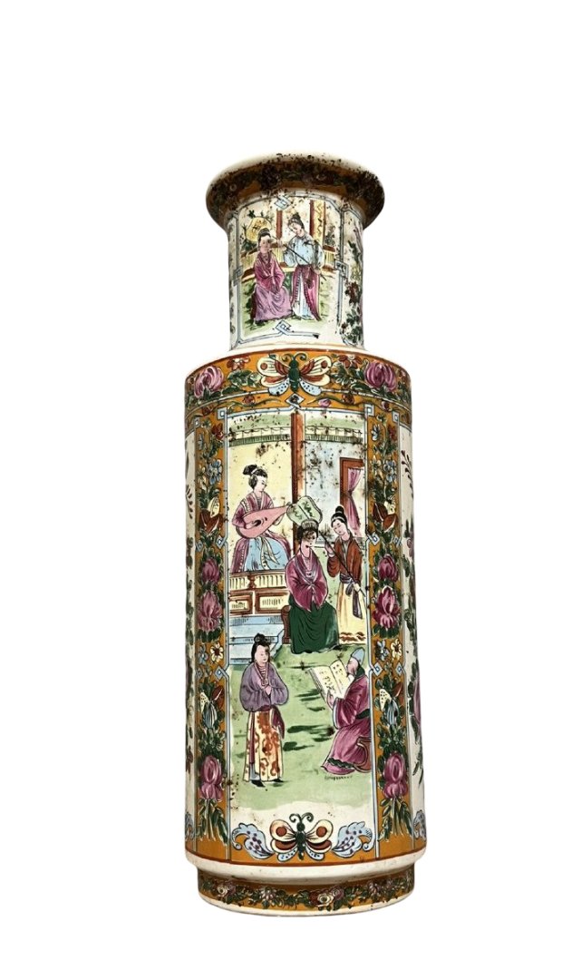 Vase Chinois forme rouleau, Style Famille Rose, en porcelaine Peint main -photo-7