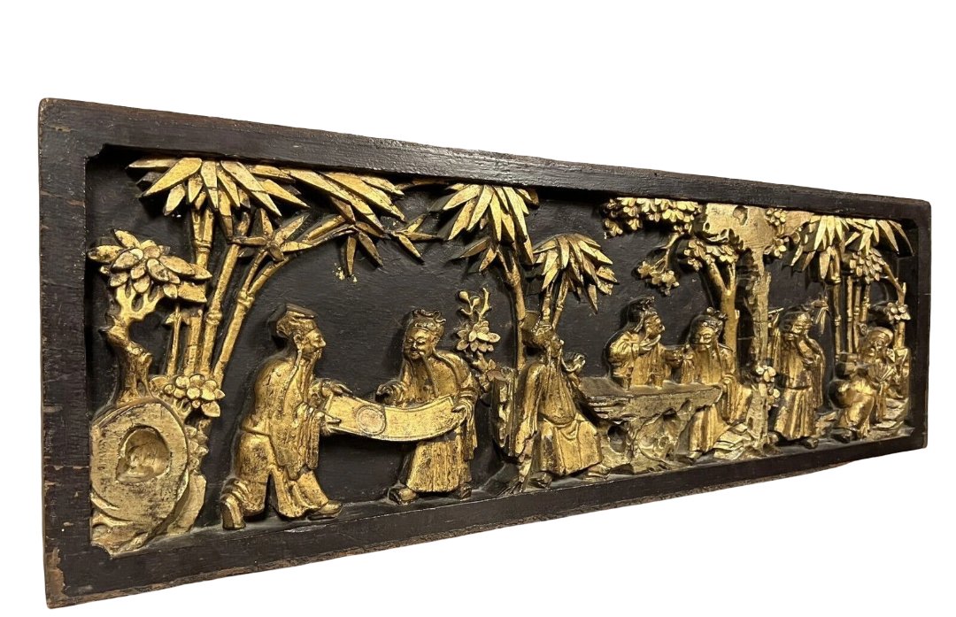 Asia 19th Century: Important Bas-relief Panel In Carved, Lacquered And Gilded Wood  -photo-2