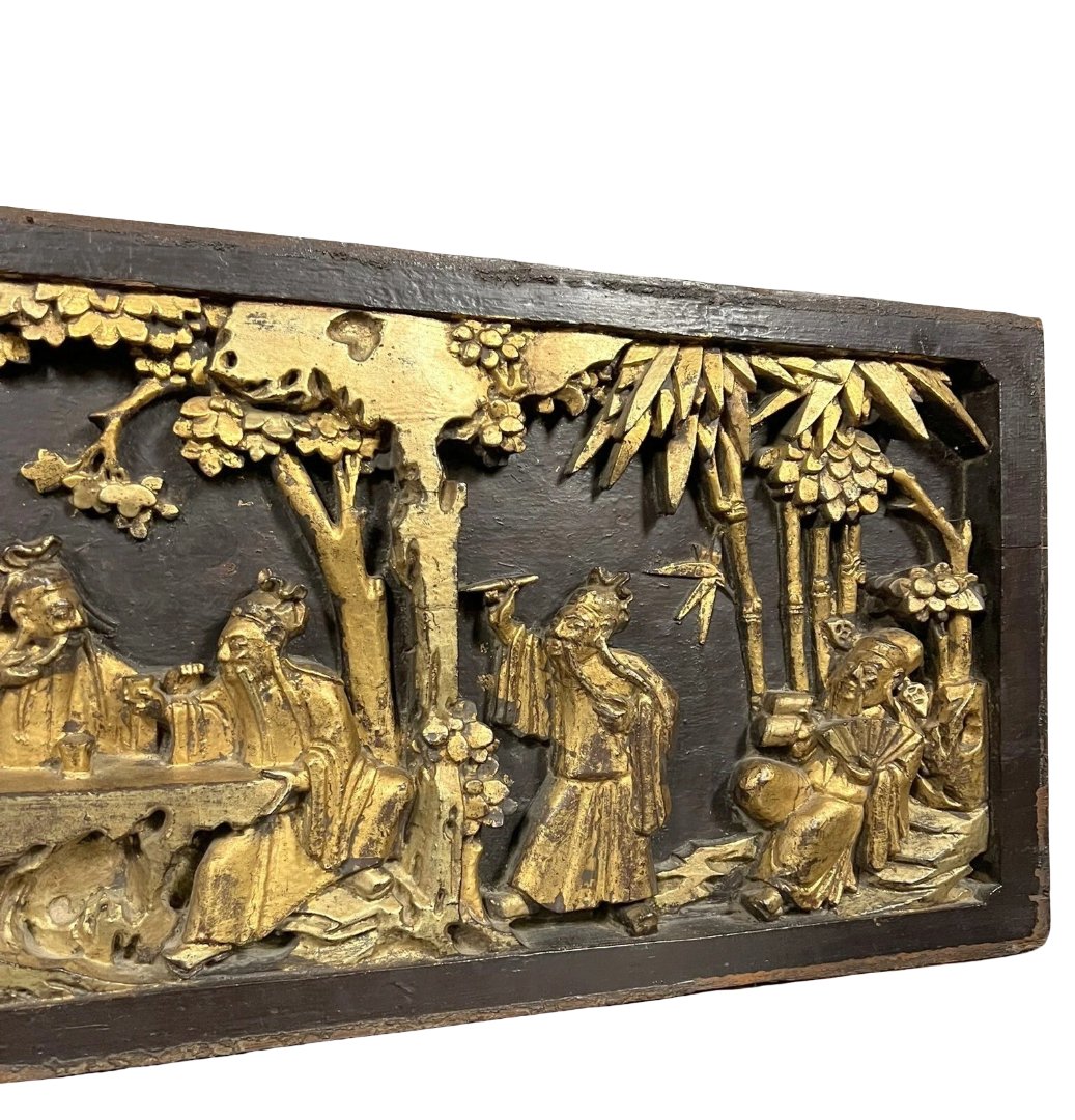 Asia 19th Century: Important Bas-relief Panel In Carved, Lacquered And Gilded Wood  -photo-3
