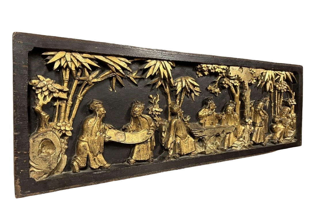 Asia 19th Century: Important Bas-relief Panel In Carved, Lacquered And Gilded Wood  