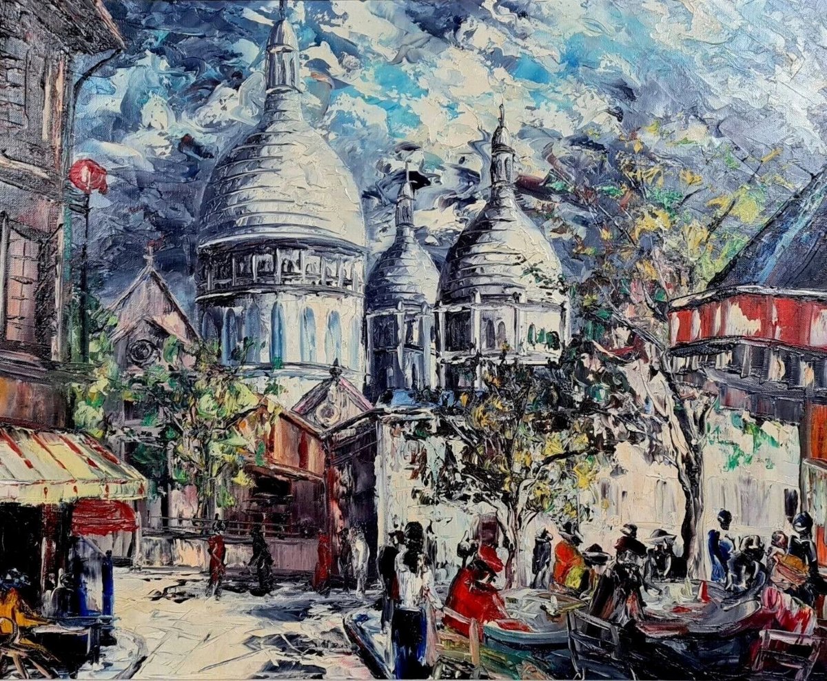 Henri Moreillon XXe / place du Tertre, Montmartre Paris : Tableau huile sur toile   -photo-2