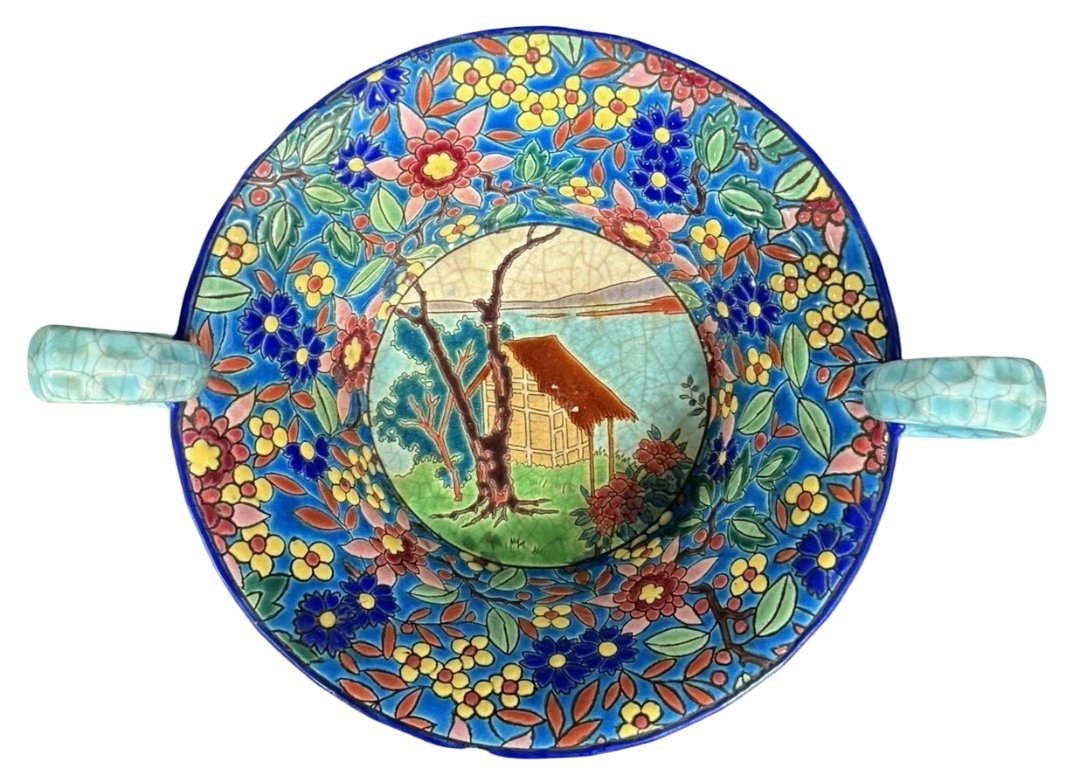 Longwy : Importante coupe ou vide poche en émaux polychromes cloisonnés-photo-1
