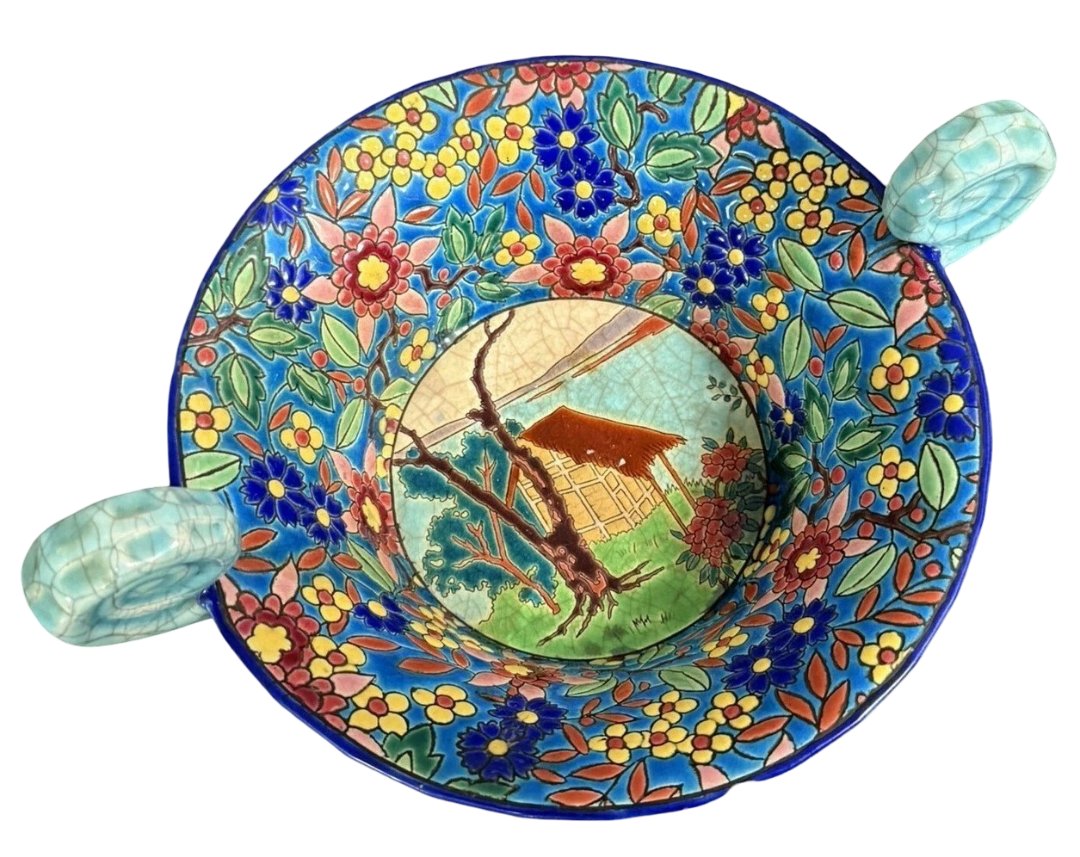 Longwy : Importante coupe ou vide poche en émaux polychromes cloisonnés-photo-3