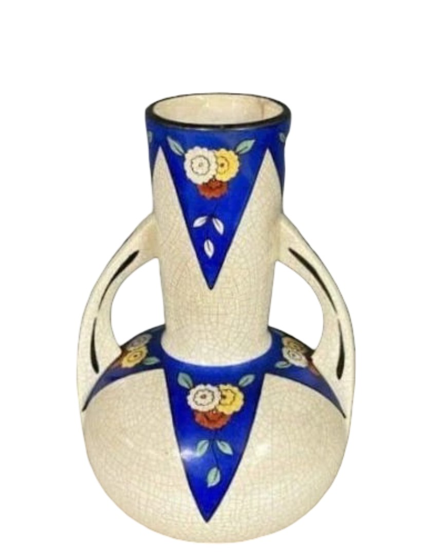 Grand vase époque Art Déco : Épreuve en céramique craquelée a décors stylisés