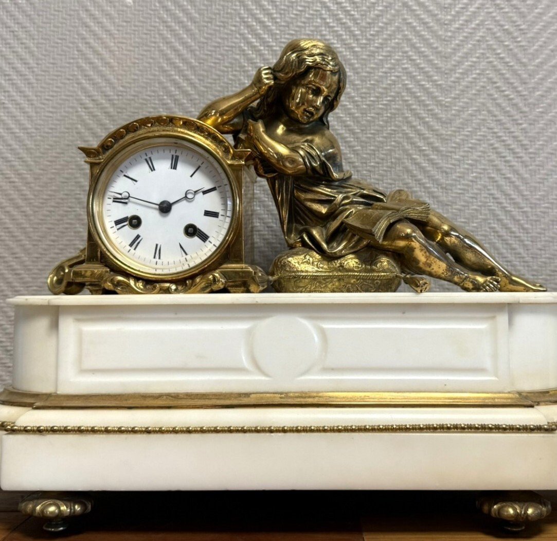 19th Century Gilt Bronze And Carrara Marble Clock-photo-3