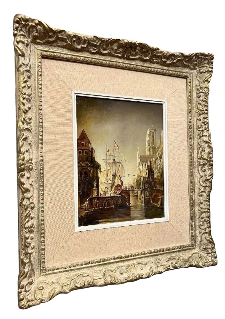 École Flamande de qualité époque XIXe : Tableau Scène portuaire animée