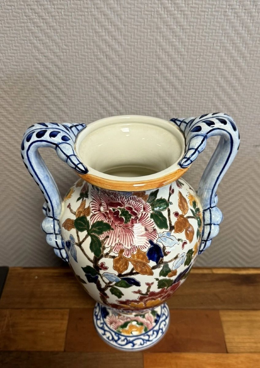 Gien: Important Earthenware Vase With Peony Decoration, 20th Century-photo-2