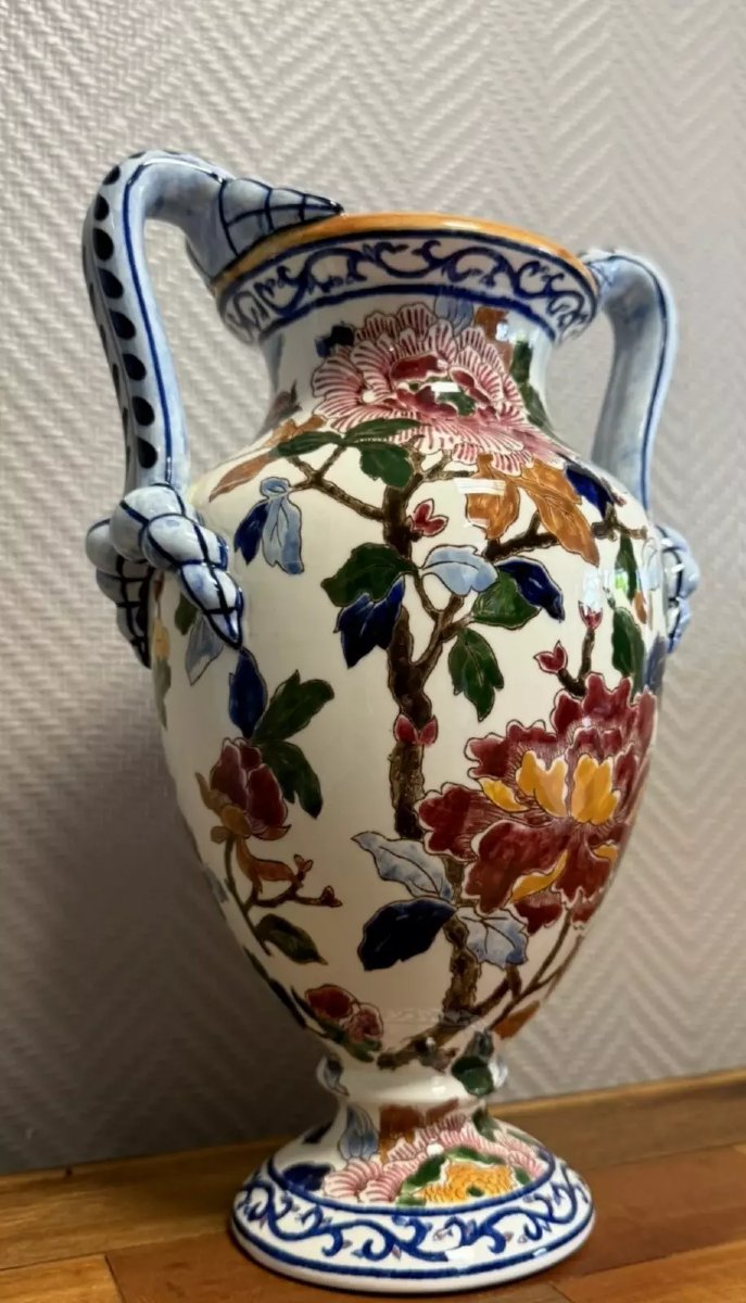 Gien: Important Earthenware Vase With Peony Decoration, 20th Century-photo-3