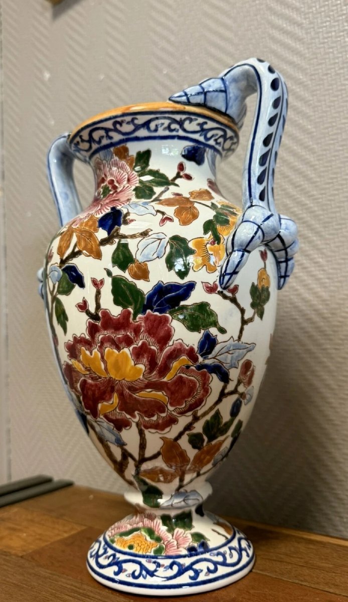 Gien: Important Earthenware Vase With Peony Decoration, 20th Century-photo-4