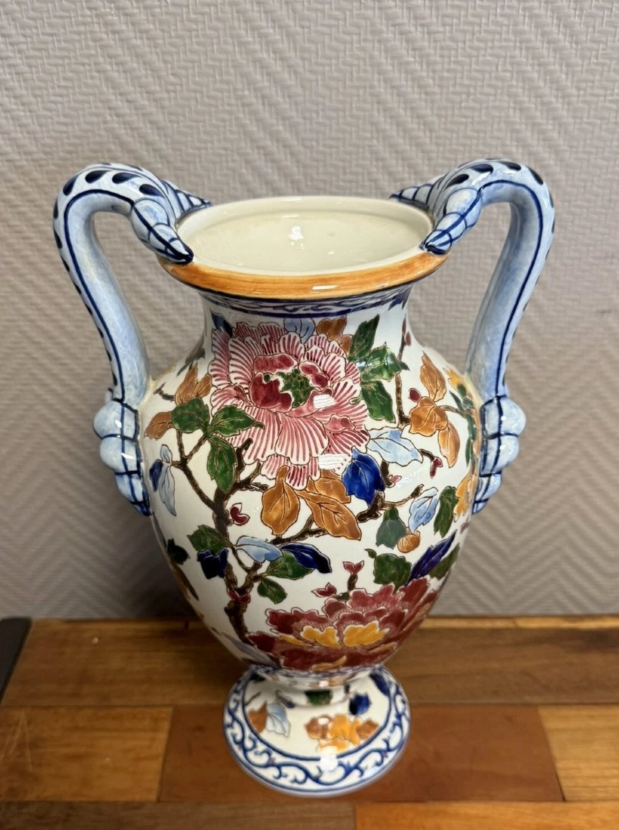 Gien: Important Earthenware Vase With Peony Decoration, 20th Century-photo-5