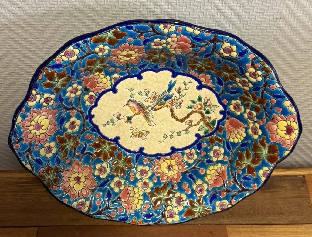 Longwy: Large Earthenware Empty Pocket With Polychrome Enamel Decoration-photo-2