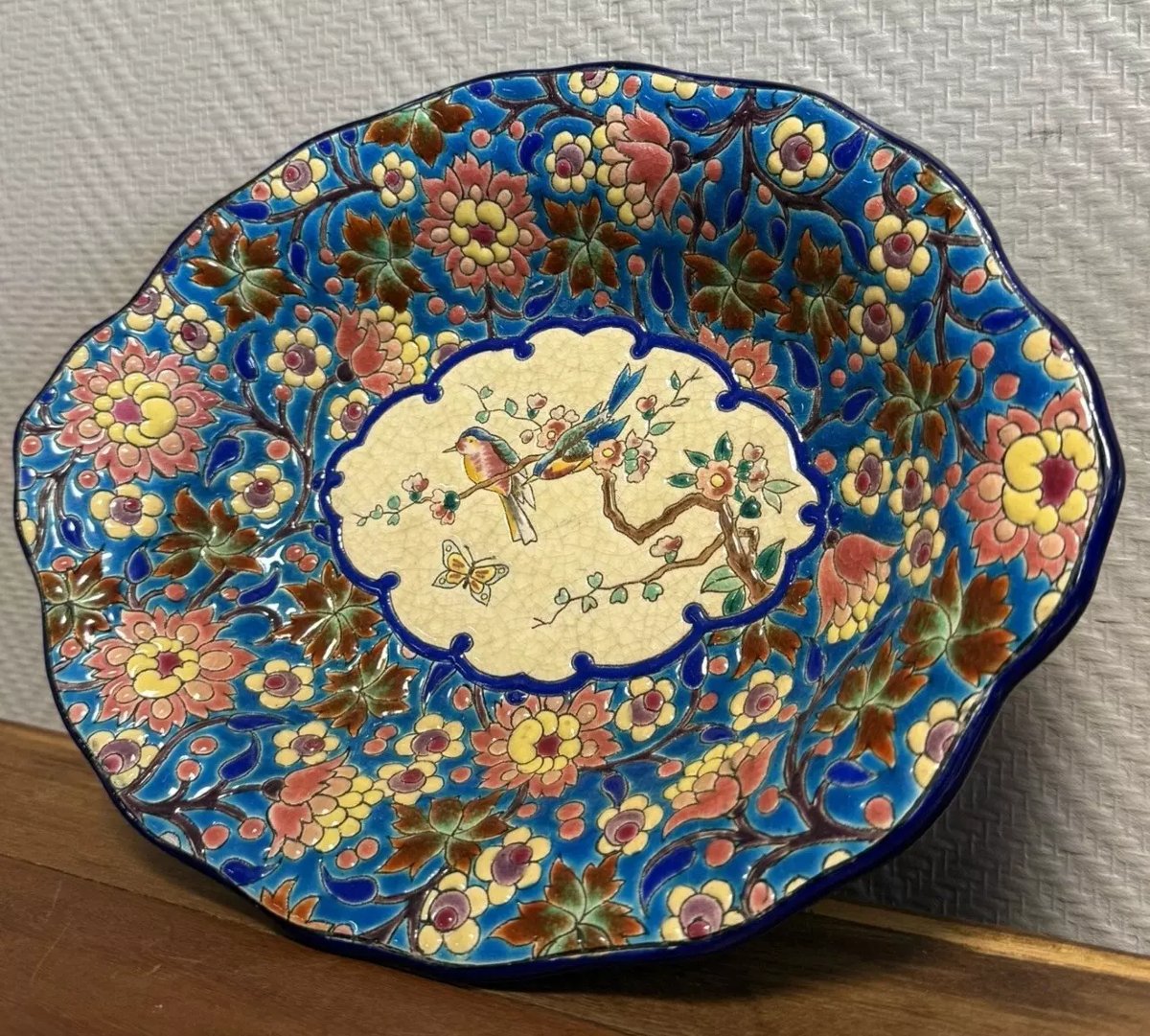 Longwy: Large Earthenware Empty Pocket With Polychrome Enamel Decoration-photo-4