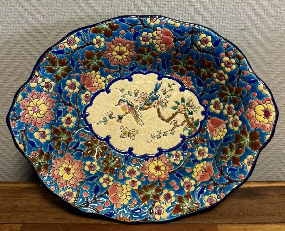 Longwy: Large Earthenware Empty Pocket With Polychrome Enamel Decoration