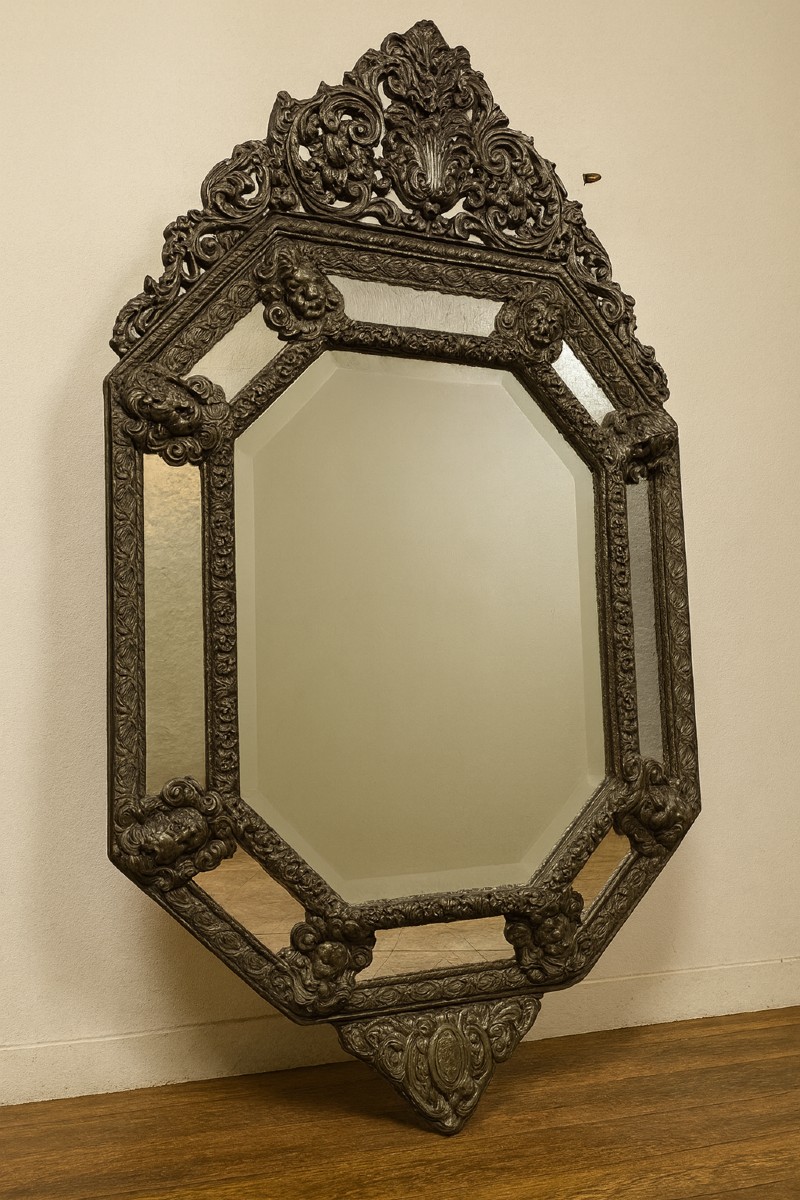 Very Important Mirror With Embossed Brass Glazing Beads From The Napoleon III Period / 150cm