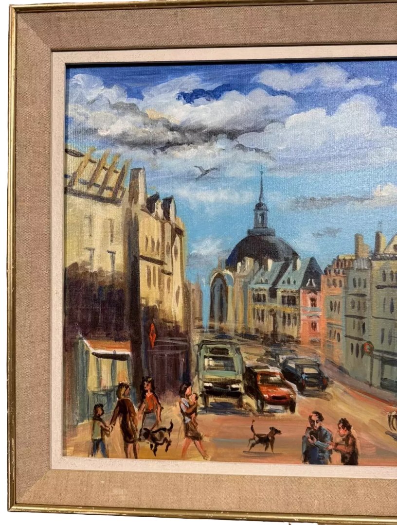 Ollier: Oil On Canvas Mounted On Panel, Animated View Of Paris, 20th Century-photo-1