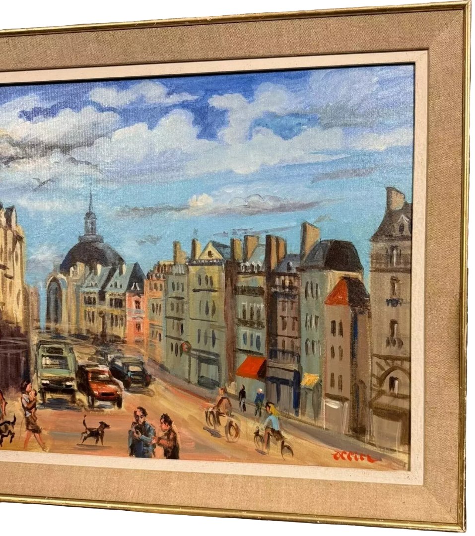 Ollier: Oil On Canvas Mounted On Panel, Animated View Of Paris, 20th Century-photo-2