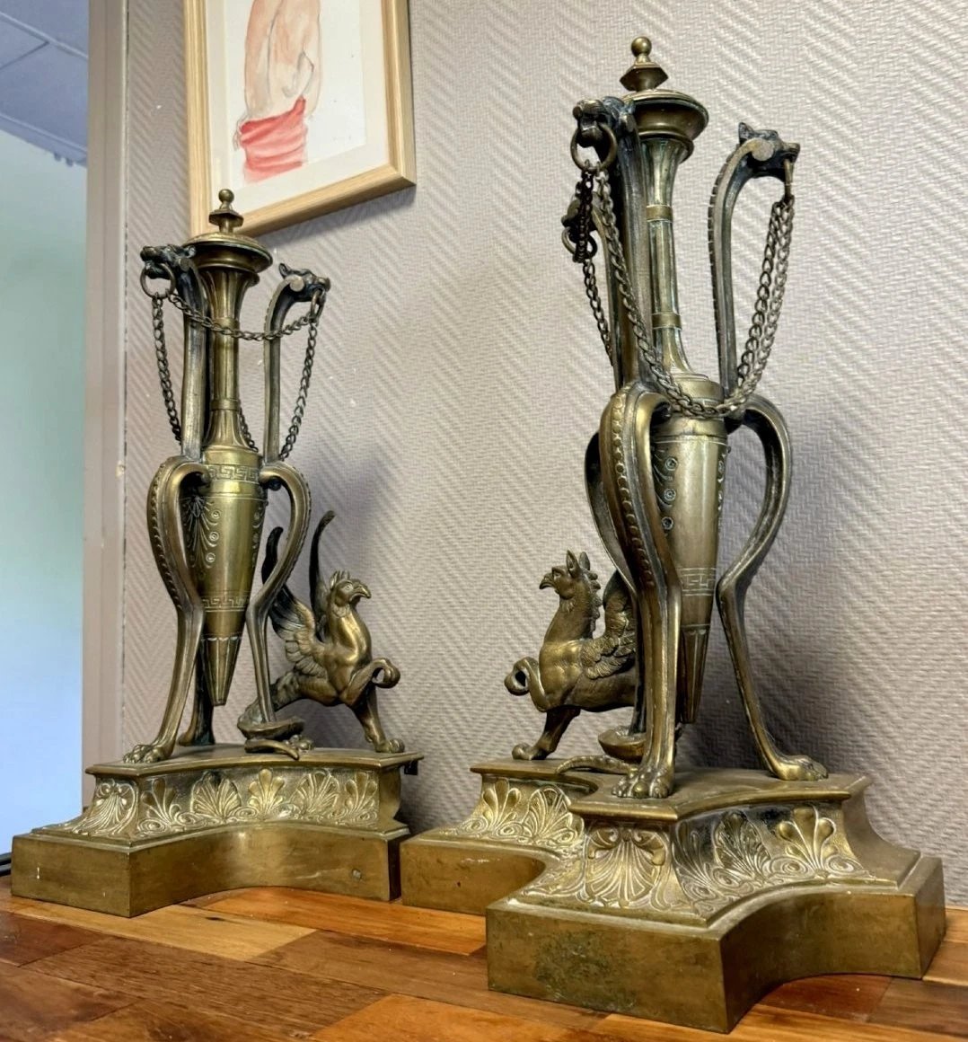 Paire De très grands Chenets de Chateau En Bronze doré époque Napoléon III-photo-1