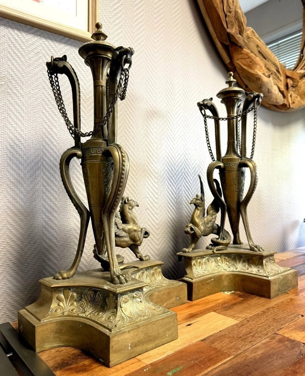 Paire De très grands Chenets de Chateau En Bronze doré époque Napoléon III-photo-2