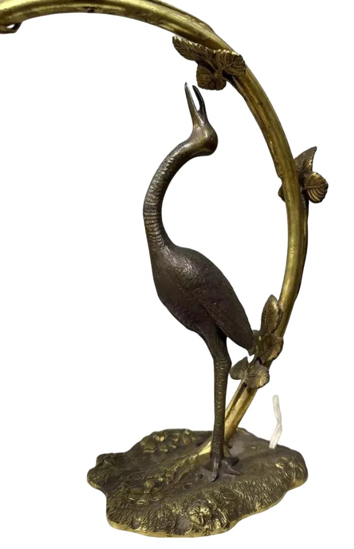 Grande Lampe au Héron époque Art Nouveau en bronze a double patine-photo-2