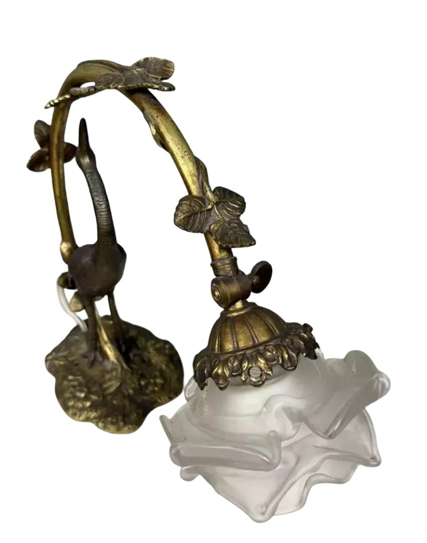 Grande Lampe au Héron époque Art Nouveau en bronze a double patine-photo-4