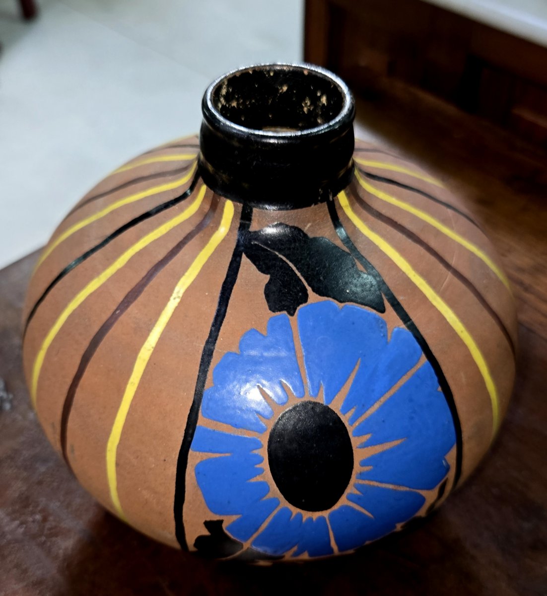 Mael: Art Nouveau Ceramic Ball Vase With Painted Decorations-photo-1