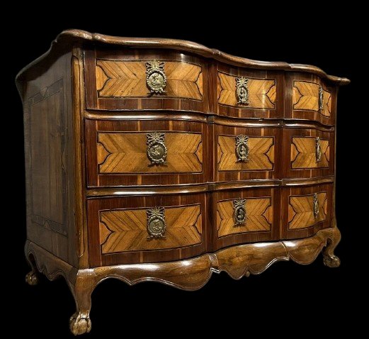 Louis XV Period Arbalète Chest Of Drawers In 18th Century Marquetry Of Fine Woods-photo-1