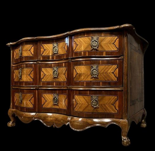 Louis XV Period Arbalète Chest Of Drawers In 18th Century Marquetry Of Fine Woods-photo-2