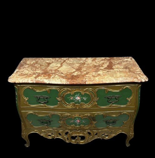 Curved Venetian Louis XV Style Chest Of Drawers In Gilded Wood And Lacquered Wood-photo-1