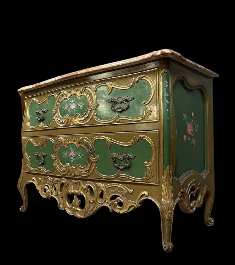 Curved Venetian Louis XV Style Chest Of Drawers In Gilded Wood And Lacquered Wood-photo-3