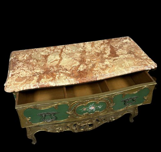 Curved Venetian Louis XV Style Chest Of Drawers In Gilded Wood And Lacquered Wood-photo-4