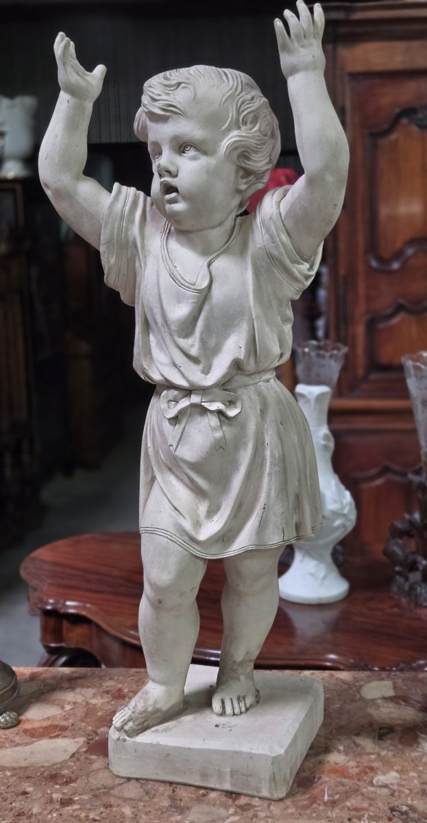 Very Large Plaster Sculpture: Putto With Raised Arms-photo-1
