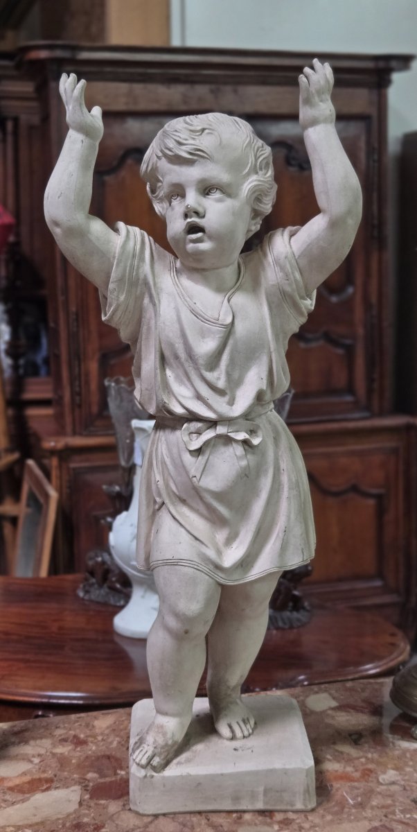 Very Large Plaster Sculpture: Putto With Raised Arms-photo-2