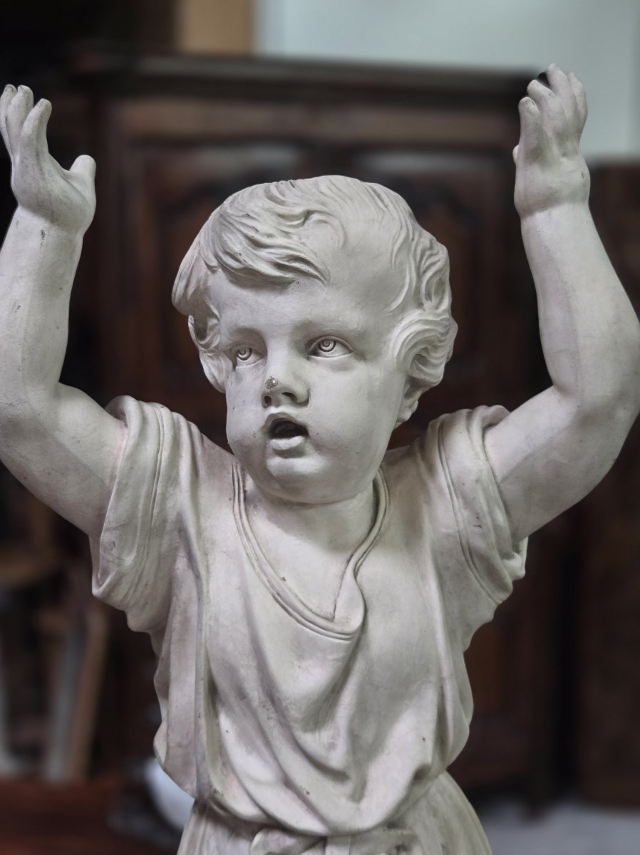 Very Large Plaster Sculpture: Putto With Raised Arms-photo-5