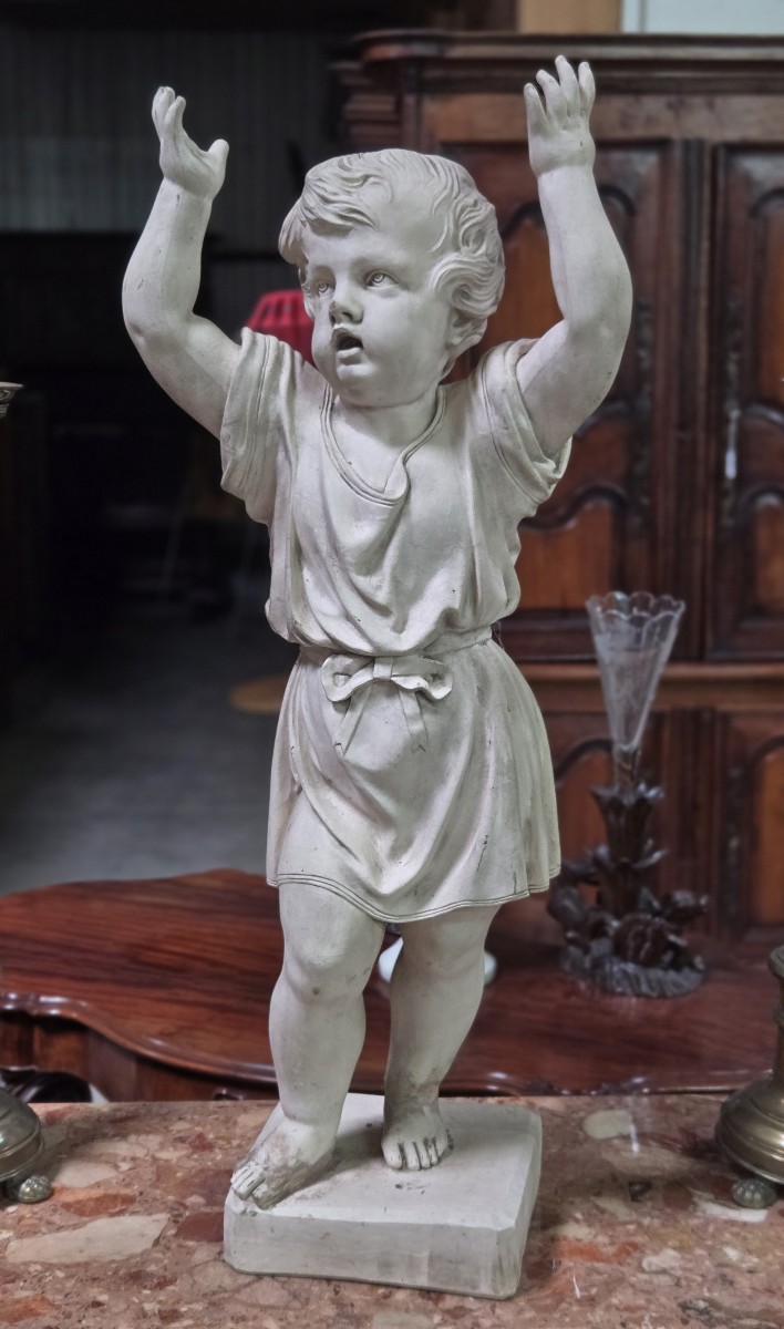 Very Large Plaster Sculpture: Putto With Raised Arms