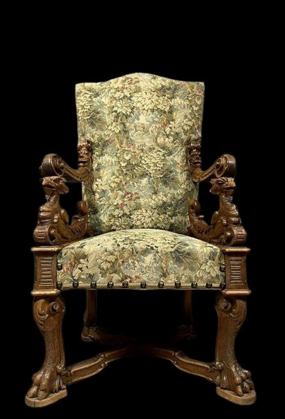 D'aprés Andréa Brustolon : Fauteuil Renaissance à haut dossier en noyer sculpté-photo-2