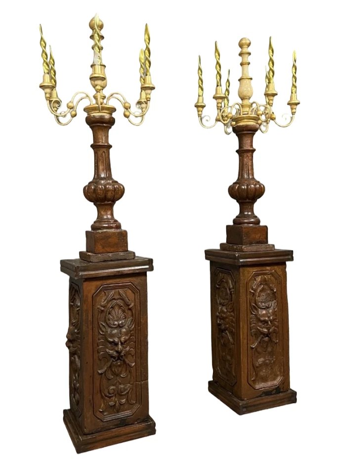 Very Rare Pair Of Very Large Terracotta And Gilded Wood Torches -photo-6