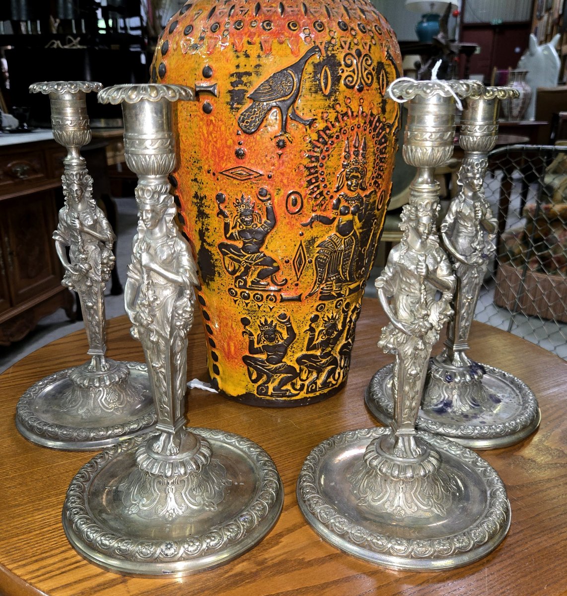 ensemble de 4 bougeoirs époque Empire en bronze argenté-photo-1