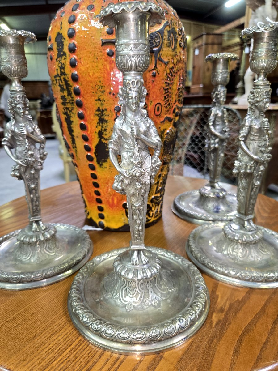 ensemble de 4 bougeoirs époque Empire en bronze argenté-photo-3