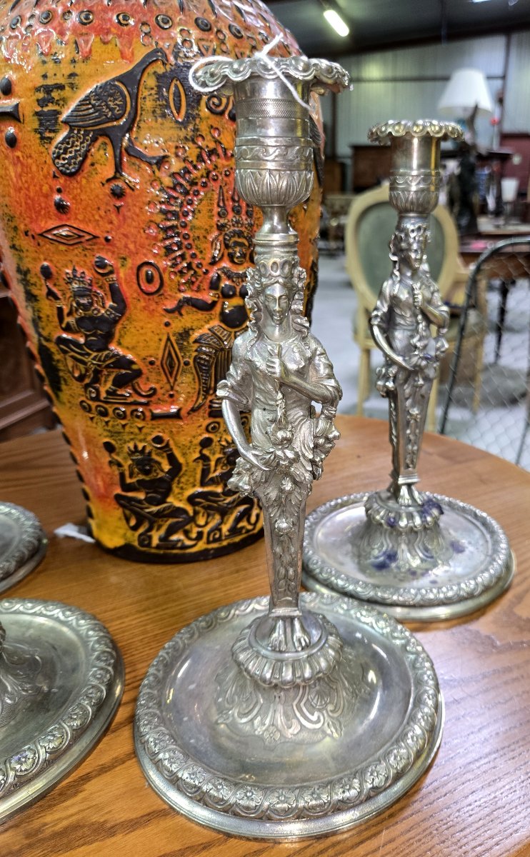 ensemble de 4 bougeoirs époque Empire en bronze argenté-photo-4