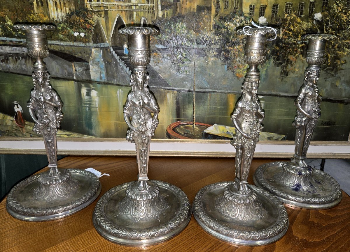 ensemble de 4 bougeoirs époque Empire en bronze argenté-photo-6