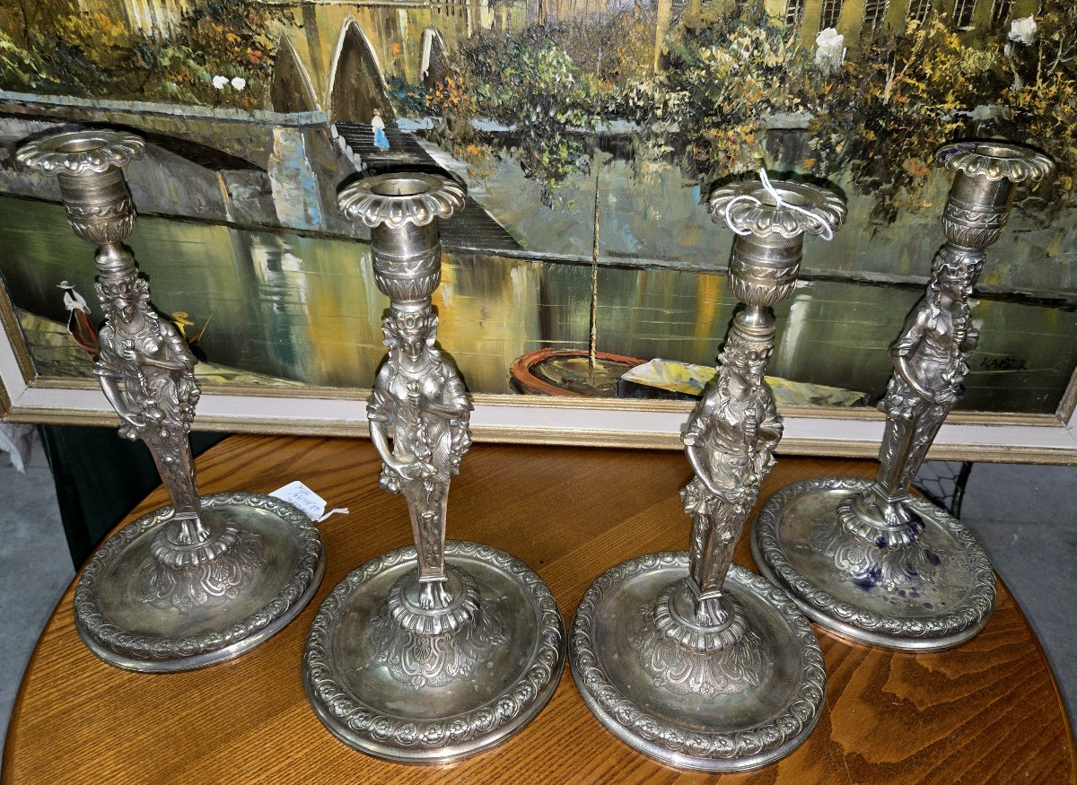 ensemble de 4 bougeoirs époque Empire en bronze argenté-photo-7