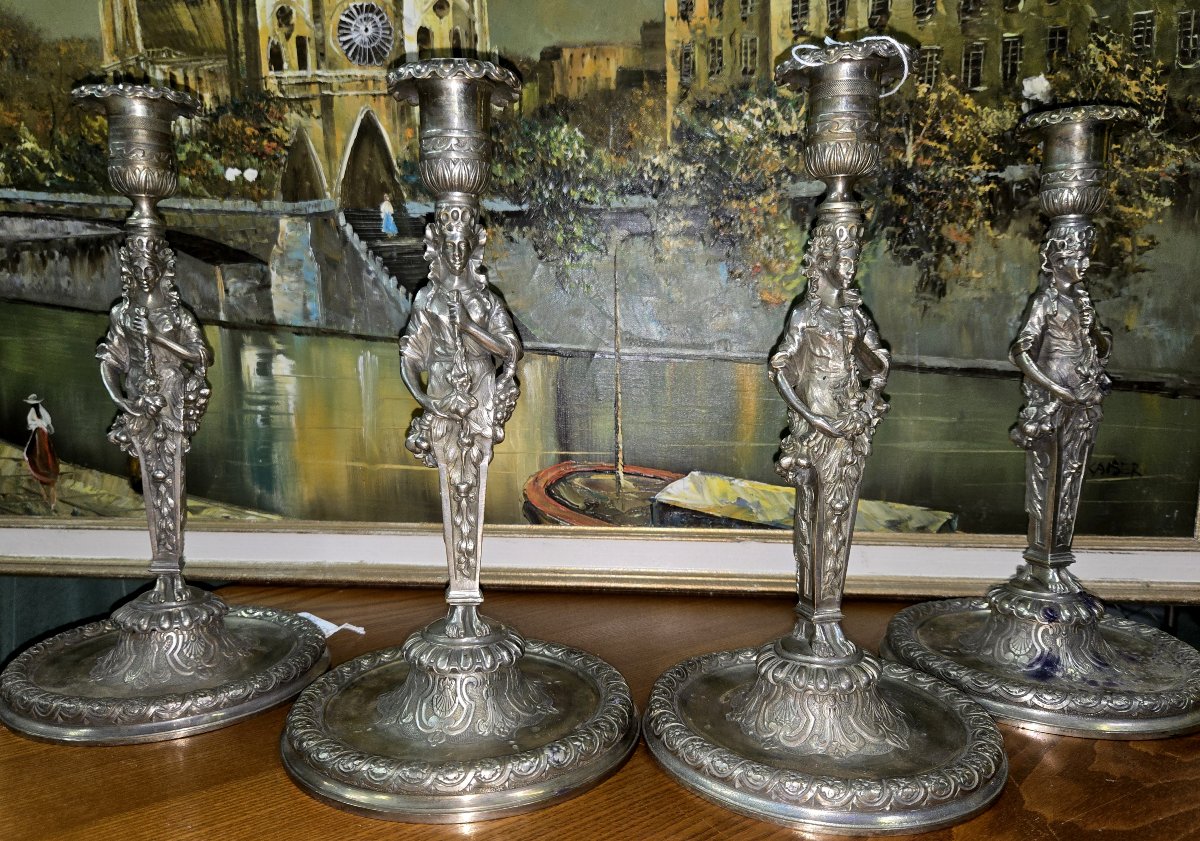 ensemble de 4 bougeoirs époque Empire en bronze argenté-photo-8