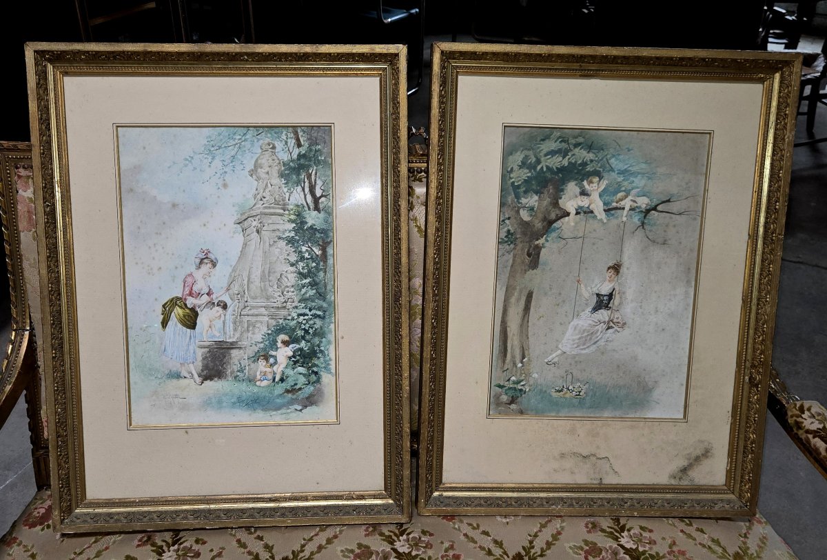Eugène Grivaz: Pair Of Watercolors On Paper From The Late 19th Century-photo-1