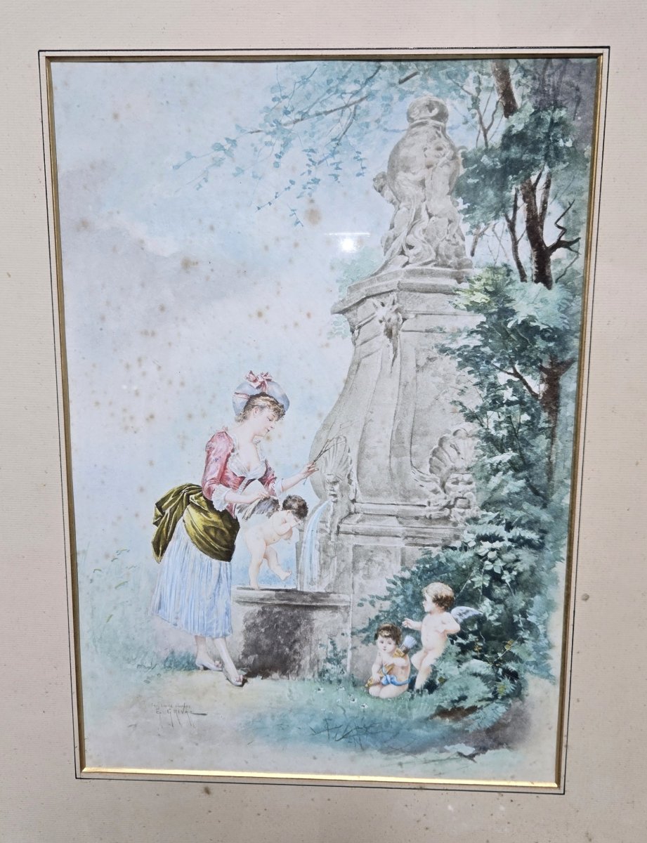 Eugène Grivaz: Pair Of Watercolors On Paper From The Late 19th Century-photo-3