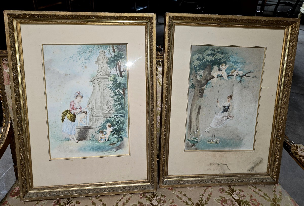 Eugène Grivaz: Pair Of Watercolors On Paper From The Late 19th Century